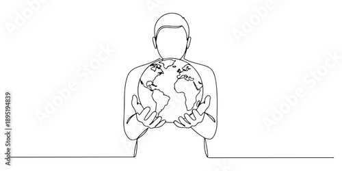 Continuous one line of a person holding the Earth in their hands, symbolizing global unity and peace, drawn vector illustration.