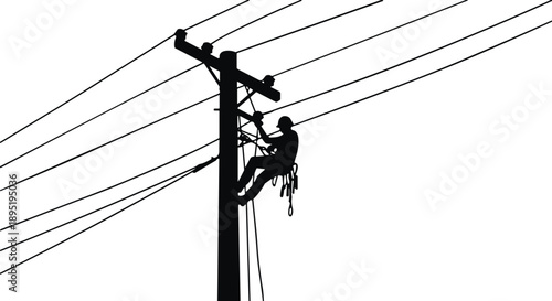 Flat vector silhouette of utility worker on power pole, electrical maintenance, safety gear, infrastructure job, black icon, energy line illustration