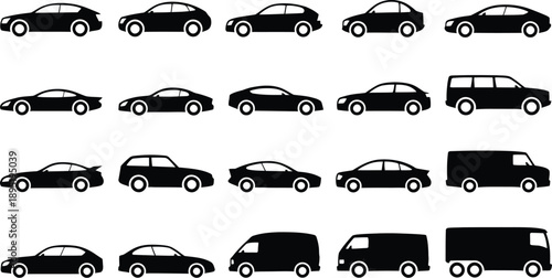 Car body types vector illustration collection showing different automobile shapes sedan suv hatchback coupe wagon pickup van isolated icons