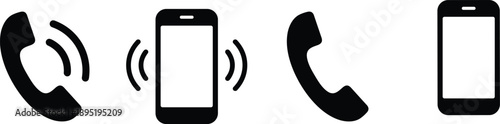 Flat vector icons of phone and smartphone, ringing and idle states, communication symbols, black silhouettes, call status, mobile interface design