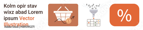 E-commerce, data processing, sales analytics, financial growth, marketing strategies, online shopping. Cart with currency, data funnel and percentage symbol. E-commerce and data processing theme