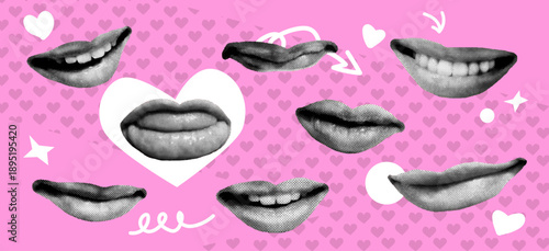 Collage of black and white lips in halftone pop-art style on a pink background with hearts and doodles. Playful and romantic concept for Valentines Day or modern fashion design.