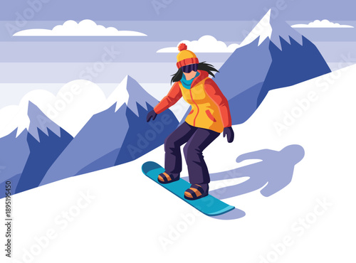 female snowboarder in bright winter gear gliding down a snowy mountain slope against a scenic backdrop of blue alpine peaks and soft white clouds.