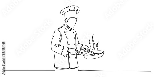 Continuous one line of a chef cooking in a pan, representing culinary creativity, drawn vector illustration.
