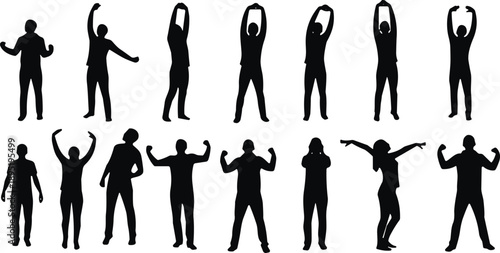 Flat vector silhouettes of diverse human poses, expressive standing gestures, body language, anatomy reference, dance movement, fitness illustration, black figures