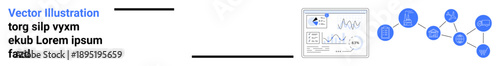 Data management, analytics, connectivity, workflow visualization, information processing, business operations. Graphs and interconnected nodes. Data management and analytics concept