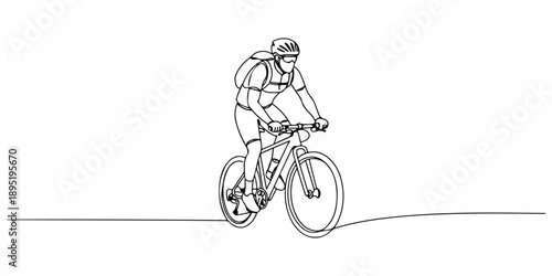 Continuous one line of a cyclist riding a mountain trail, symbolizing adventure and endurance, drawn vector illustration.