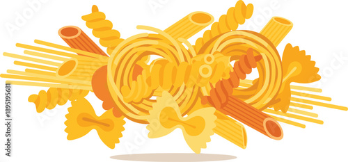 Assorted Italian Pasta Mix with Spaghetti Fusilli Penne and Farfalle Flat Vector Illustration