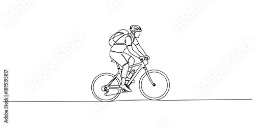Continuous one line of a cyclist riding a mountain trail, symbolizing adventure and endurance, drawn vector illustration.