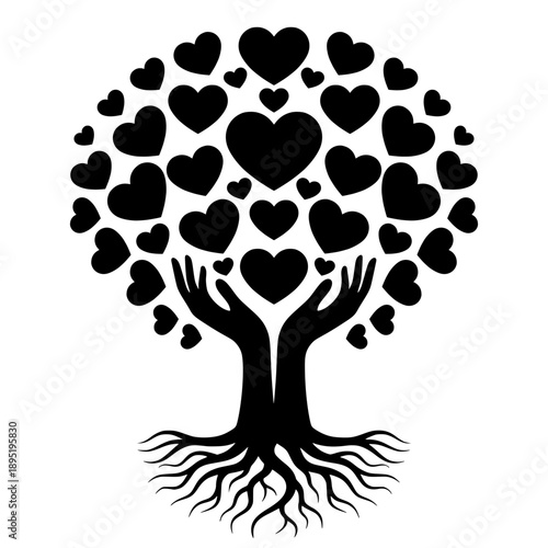 Hands Holding Heart Tree with Roots Vector Illustration - Symbolic Love, Growth, and Unity Family Tree Design - Black and White Silhouette for Charity Logos