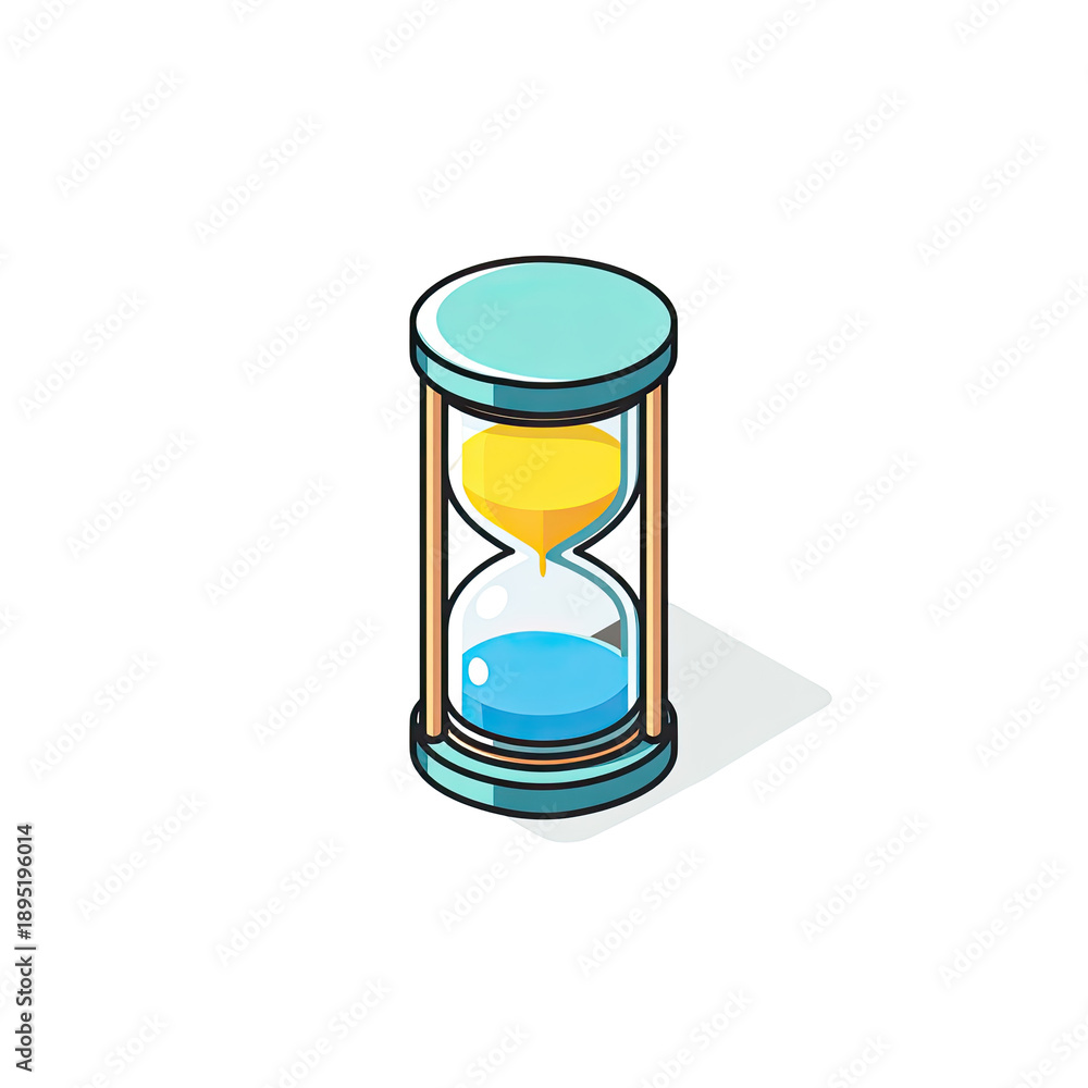 Fototapeta premium Isometric illustration of an hourglass with turquoise, yellow, and blue colors on a black backdrop