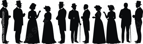 Flat vector silhouettes of Victorian people, historical fashion icons, black figures, vintage attire, 19th century style, cultural heritage illustration