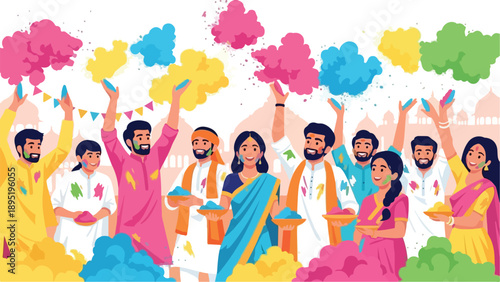 Happy young people celebrating Holi festival throwing Gulal powder colors illustration