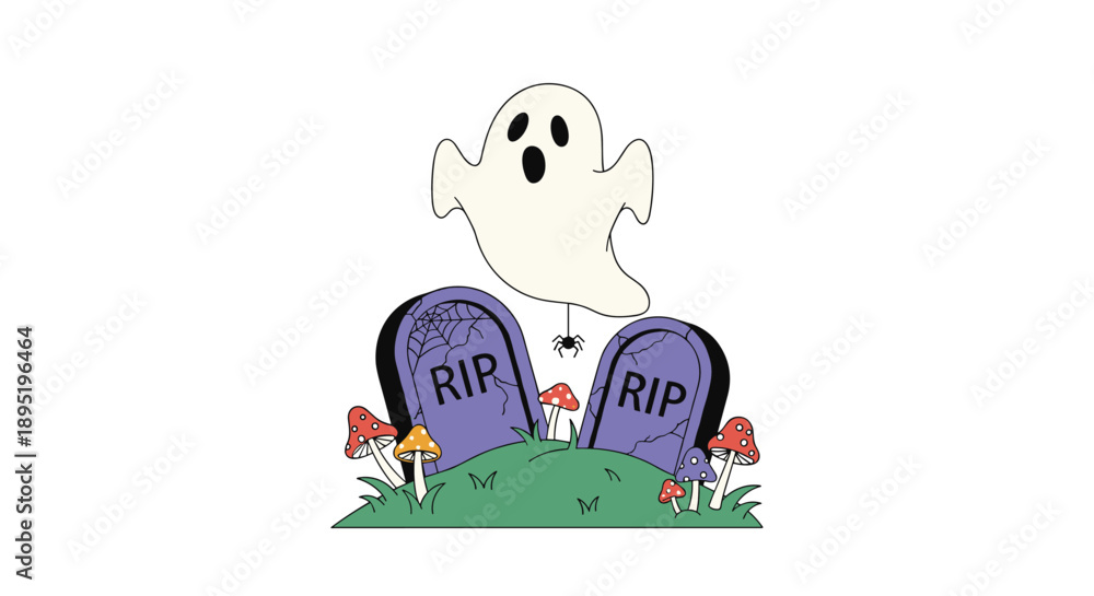 Fototapeta premium A friendly cartoon ghost floats above two gravestones marked with 'RIP' and surrounded by colorful mushrooms and a spider web, set against a white background.