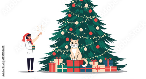 A happy woman decorates a vibrant Christmas tree with a sparkling star, accompanied by a winking cat sitting on a stack of neatly wrapped holiday gifts.