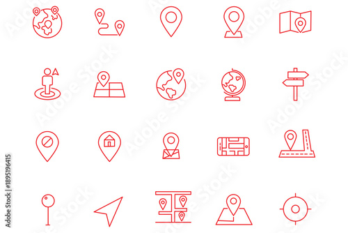 Flat location icon set vector with GPS pin, map and navigation symbols for travel apps and geolocation.