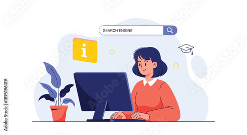 A young woman uses a computer to search for information online, symbolizing digital learning and academic pursuit.