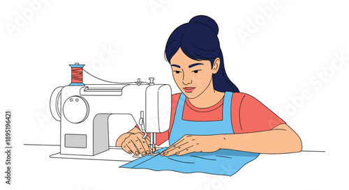 A young woman wearing an apron carefully sews blue fabric on a white sewing machine, focusing intently on her work.