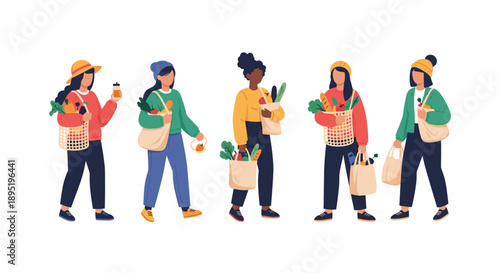 Five diverse women walk together, carrying eco-friendly reusable bags filled with fresh groceries, promoting sustainable living.