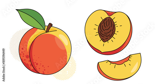 A vivid cartoon illustration of peaches, featuring a whole fruit with a leaf, a sliced half revealing the pit, and a separate juicy peach wedge.