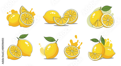 A collection of fresh yellow lemons and sliced lemon pieces with juice splashes, perfect for summer drinks and food illustrations.