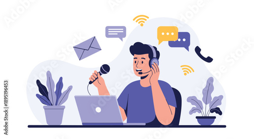 A man wearing a headset and holding a microphone works on a laptop, depicting online communication, podcasting, or customer support.