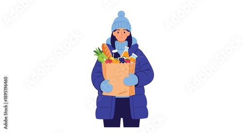 A person in a blue winter coat and hat holds a full grocery bag with fruits, vegetables, and drinks, representing winter shopping.