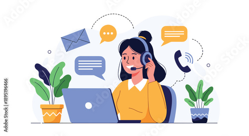 Smiling woman in a headset working on a laptop, engaged in customer support, online communication, or call center operations.