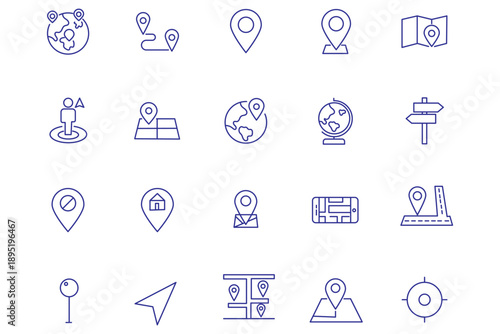 Flat location icon set vector with GPS pin, map and navigation symbols for travel apps and geolocation.