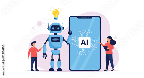 Two people interact with an intelligent robot and a smartphone displaying an AI chip, symbolizing innovation and technological advancement.