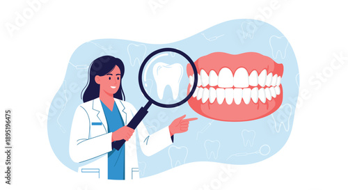 A female dentist in a white coat examines a tooth in a jaw model with a magnifying glass, symbolizing dental care and oral health.