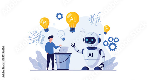 Man and robot collaborating on artificial intelligence development with bright ideas and technological elements.