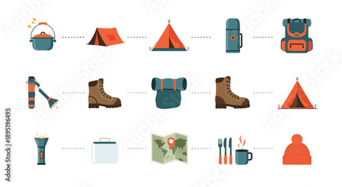 A comprehensive collection of essential camping and hiking equipment for outdoor adventures and wilderness travel.