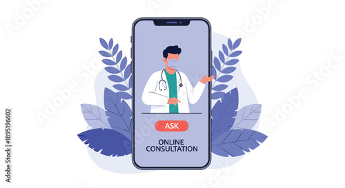 A doctor providing an online consultation service via a mobile phone application, emphasizing digital healthcare and telemedicine solutions.