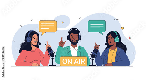 Three diverse podcasters or radio hosts on air, engaging in a live broadcast or recording a show in a studio setting.