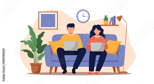 A man and a woman work remotely from home, sitting comfortably on a sofa with laptops in a cozy living room setting.