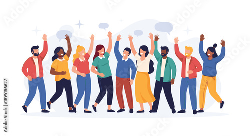 A diverse and joyful group of men and women stands together, happily waving with raised hands, signifying community, celebration, and positive energy.