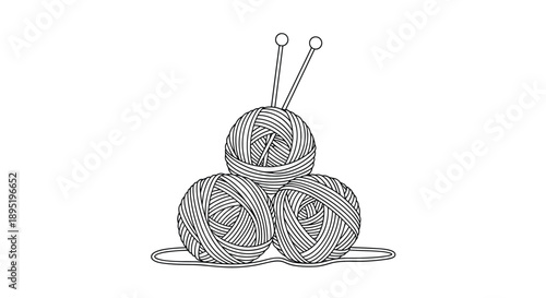 A classic black and white line art illustration showing three balls of yarn stacked with knitting needles, perfect for craft and hobby themes.