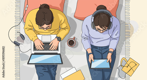 Overhead view of two people working or studying on a laptop and tablet, enjoying coffee in a cozy and comfortable home environment.