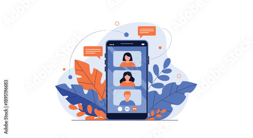 Smartphone with a video conference featuring three participants, enhanced by abstract leaves and speech bubbles, illustrating modern online communication.