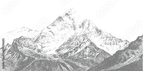 Detailed stipple art style vector illustration of a majestic mountain range landscape in monochrome grayscale for nature themes