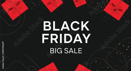 Black Friday big sale announcement banner featuring red gift boxes with bows and golden sparkling details on a sleek dark background.