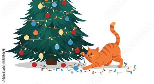 Mischievous orange tabby cat playing with colorful string lights and ornaments near a festive Christmas tree during the holiday season.
