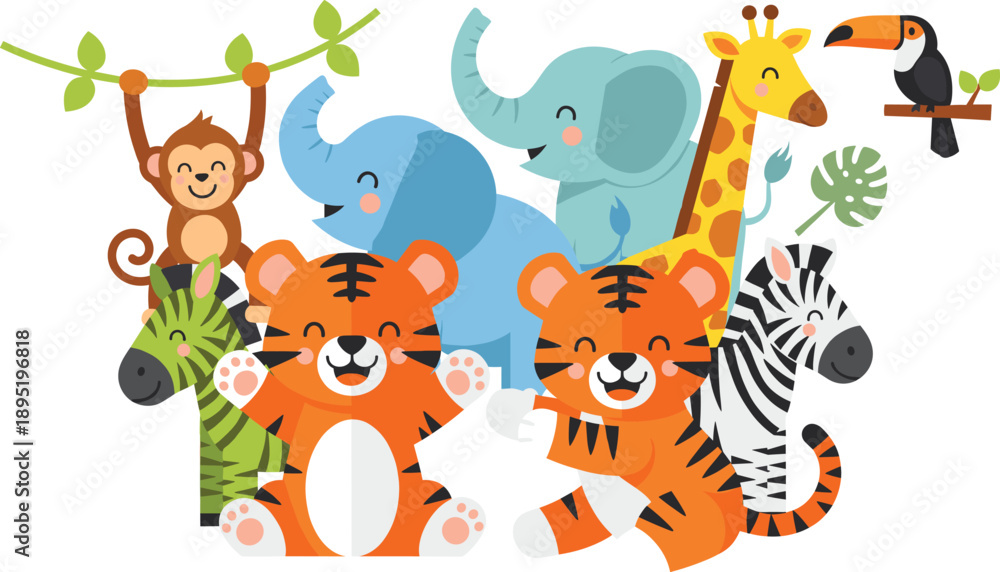 Fototapeta premium Cute Jungle Animals Collection with Tiger Elephant Giraffe Monkey and Zebra Vector Illustration Set
