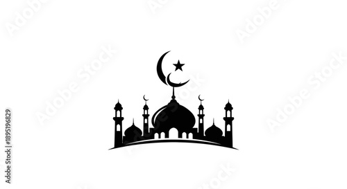 Elegant mosque silhouette with crescent moon and star motif, representing Islamic culture and devotion, isolated white background
