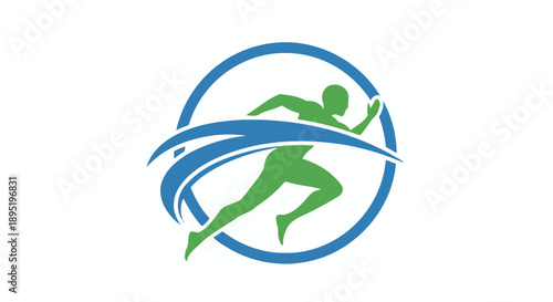 Dynamic runner athlete silhouette sprinting with abstract blue wave lines in a circle, representing sport and progress, isolated white background