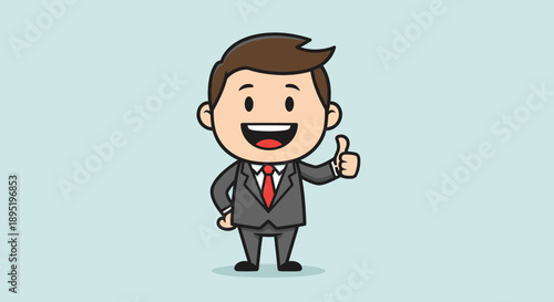Happy cartoon businessman character smiling and giving a confident thumbs up gesture, symbolizing success and approval, in bright studio
