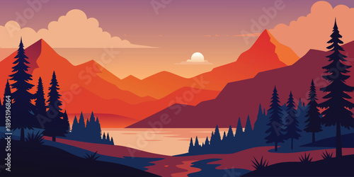 Sunset over mountain lake