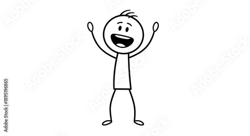 Happy stick figure person cheering with arms raised in excitement, celebrating success or joy, isolated white background