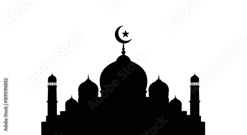 Grand mosque silhouette with minarets and domes, representing Islamic worship and architecture, isolated white background